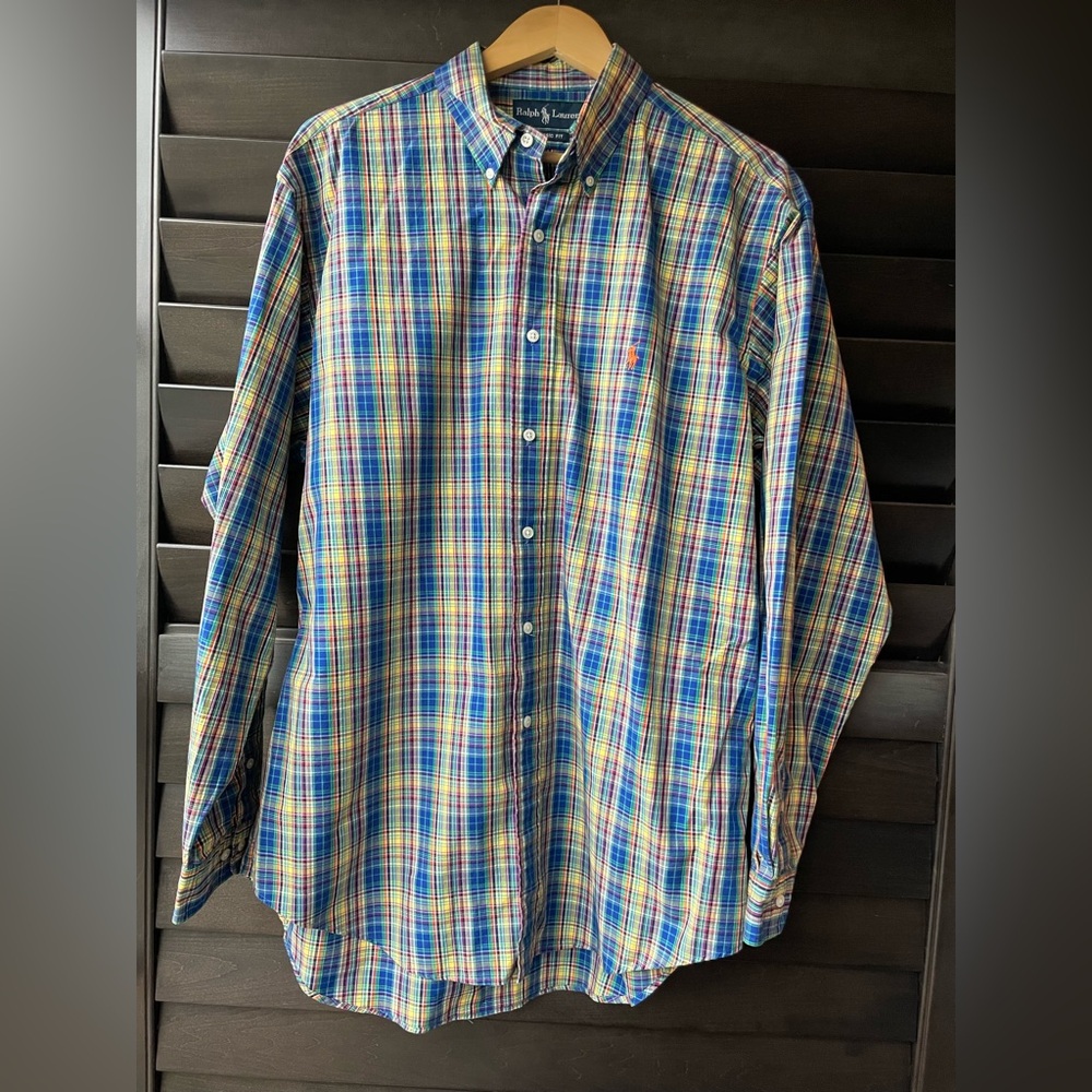 Ralph Lauren Large 16 1/2 Plaid 100% Cotton Classic Fit Long Sleeve Button Down